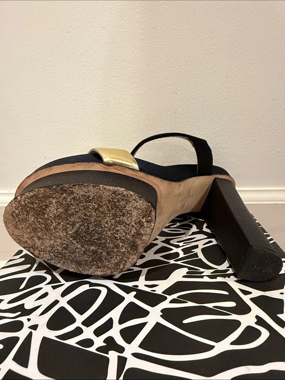 Diane Von Furstenberg Black and Gold Platform Block Heel Sandals